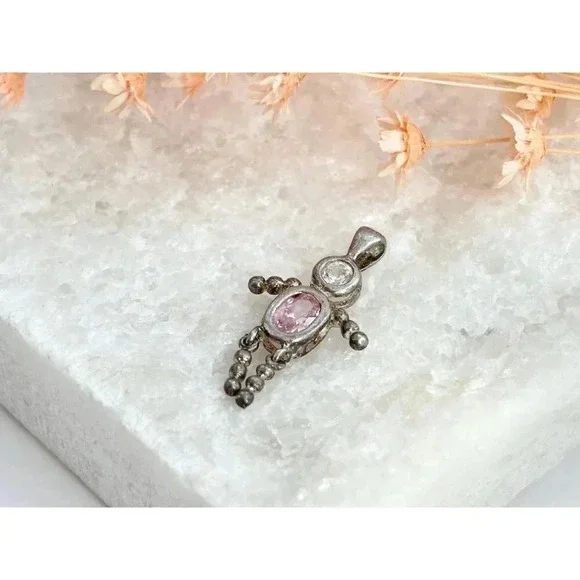 90's Sterling Vintage Tiny Dainty Pink October Birthstone Tourmaline Pendant - Picture 3 of 9